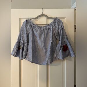 New Glory Striped Bell Sleeve Embroidered Floral Blouse Shirt Top